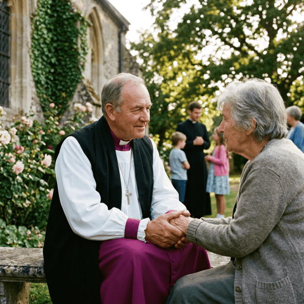 Bishop holding an older woman's hands in a church garden
