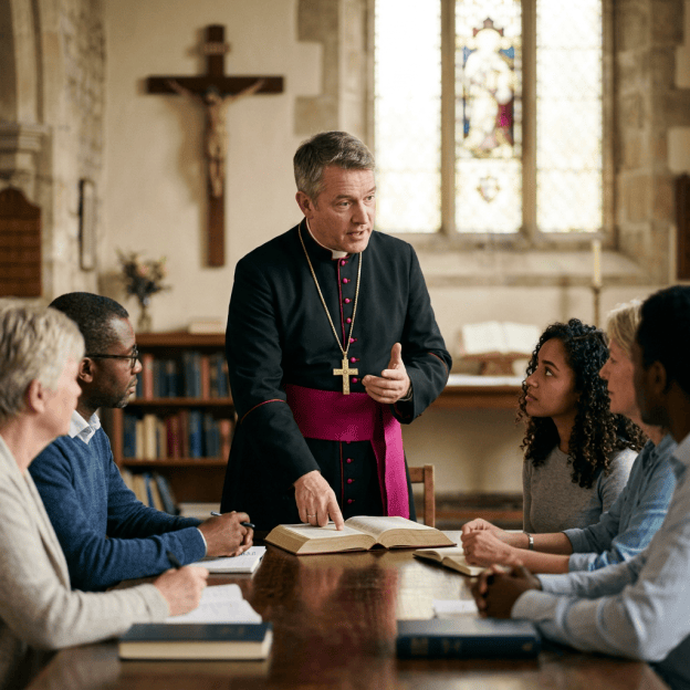 Bishop leading a diverse group discussion around an open Bible in a church