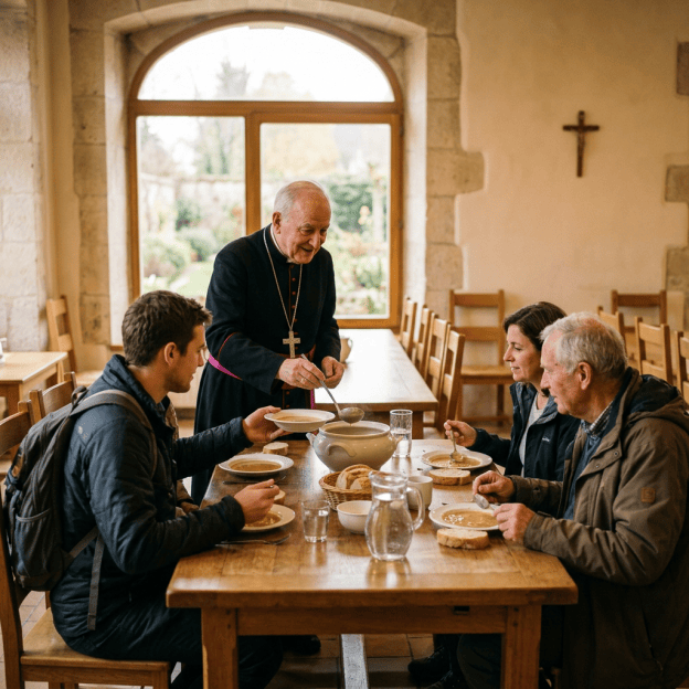 Clergyman serving soup to three people at a dining table