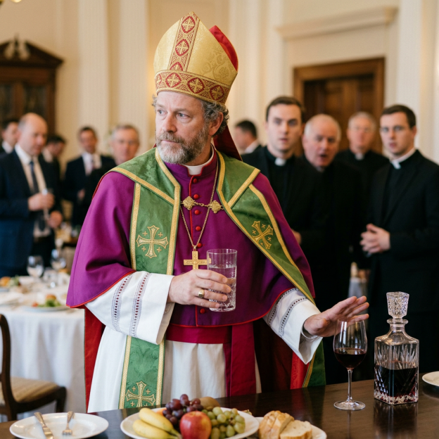 Bishop in ornate vestments holding a glass at a formal dinner