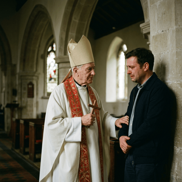 Bishop comforting a distressed man inside a historic church