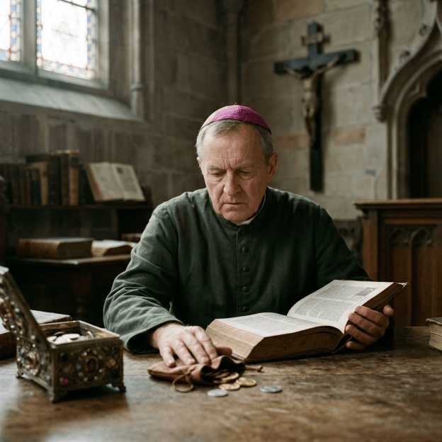 Clergyman reading an open Bible beneath a crucifix