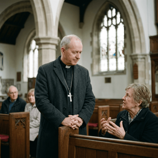 Pastor speaking with a parishioner in a church pew