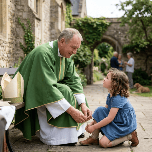 Priest in green vestments kneeling beside a young girl in a courtyard