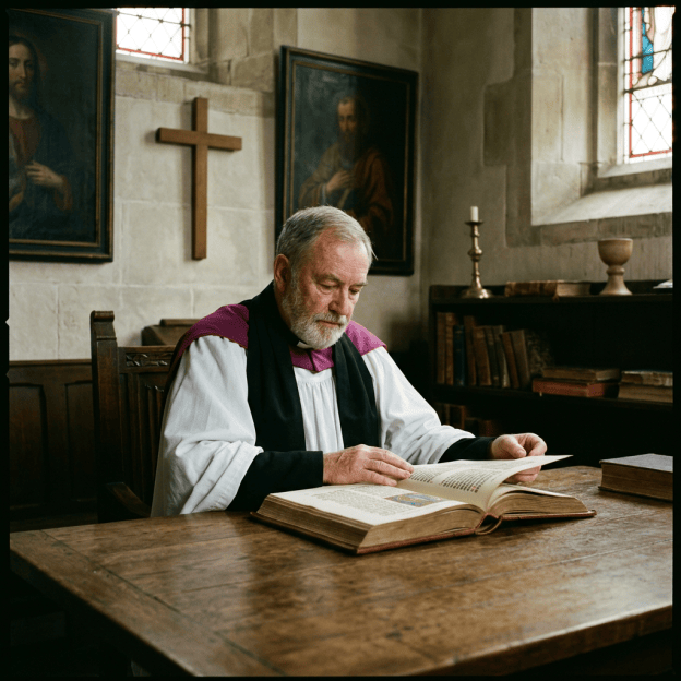 Clergyman in white robes reading an open illuminated book at a church table
