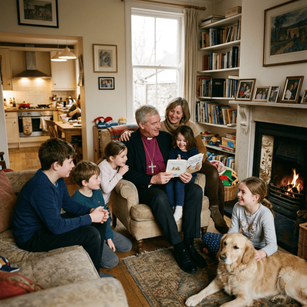 Family gathered around clergyman reading a book beside fireplace