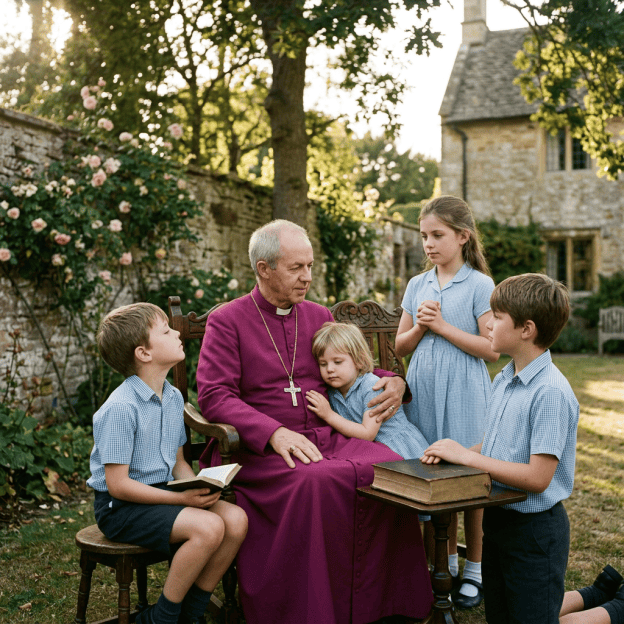 Clergy member with four children, books, and a church garden