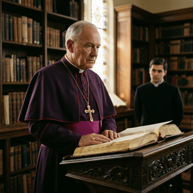 Bishop in purple vestments reading an open book at an ornate lectern