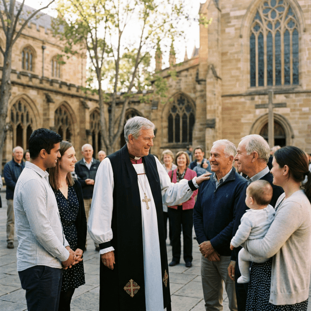 Clergy member greeting families and parishioners outside a historic church