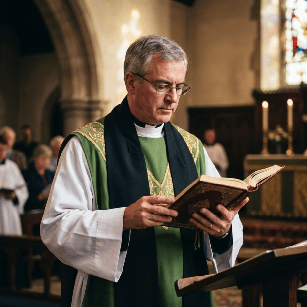 Priest in green vestments reading an open Bible in church