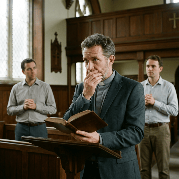 Pastor holding an open Bible and praying at a church lectern