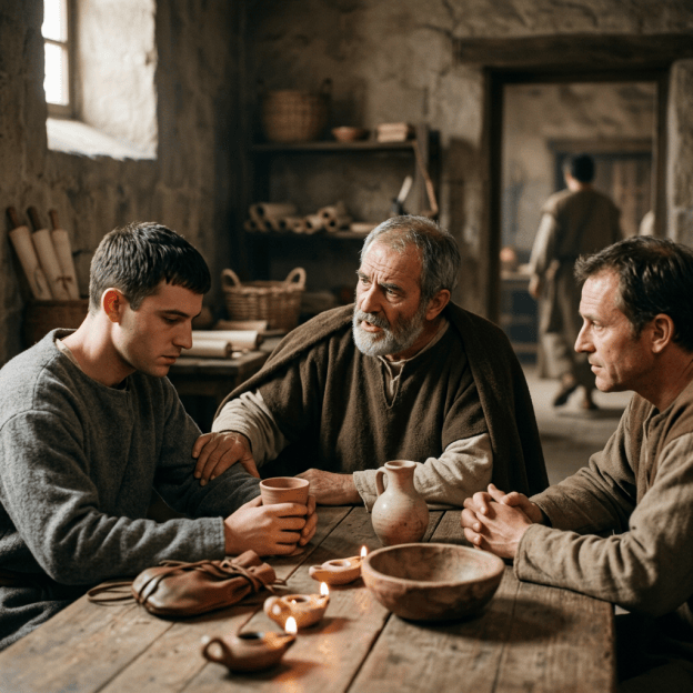 Three men conversing around a rustic table in a candlelit medieval room