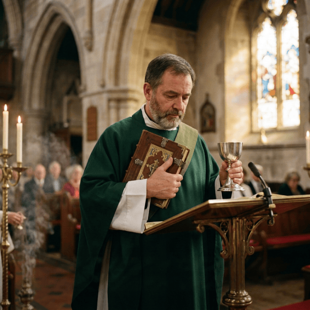 Minister holding a religious book and chalice; text reads, “Deacons must hold the mystery of the faith with a pure conscience.”
