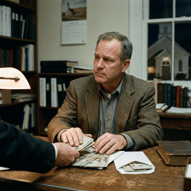 Man handling cash during a tense office desk exchange