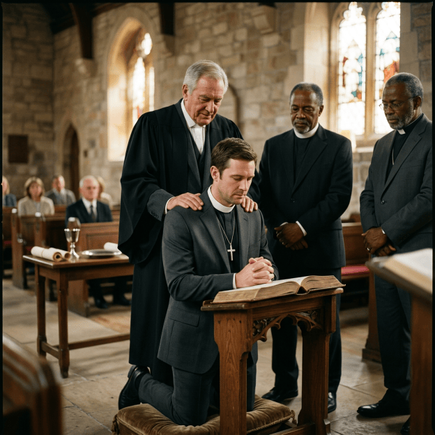 Kneeling clergyman receives a blessing beside an open Bible
