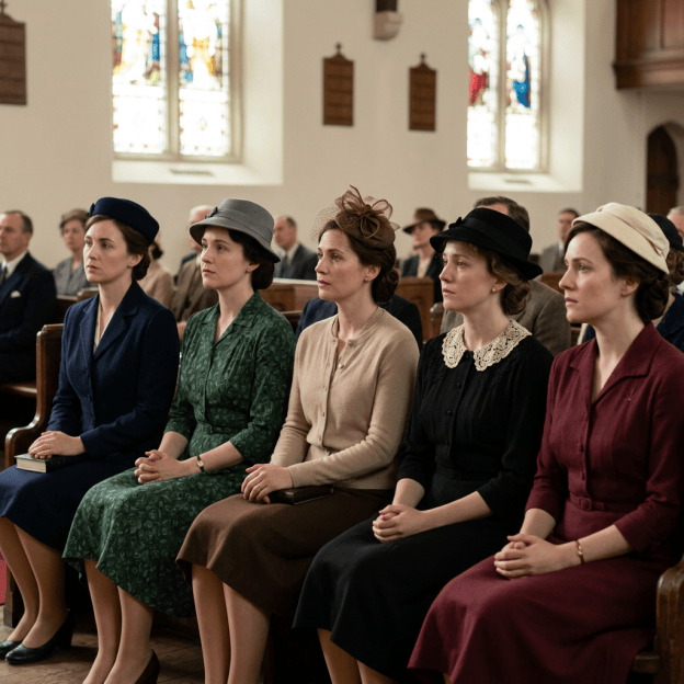 Five women in vintage clothing seated in a church pew