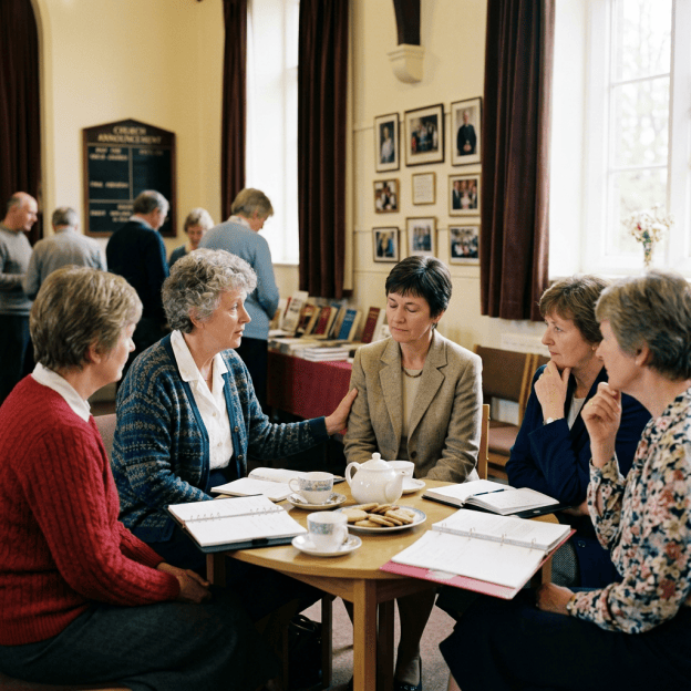 Five women discussing around a table with tea, biscuits, and notebooks