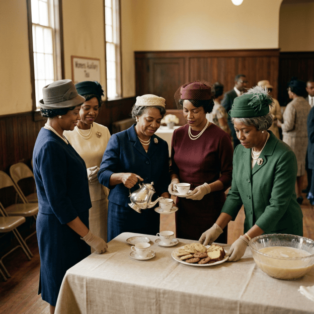 Four women in formal hats serve tea, cookies, and cake at a gathering.