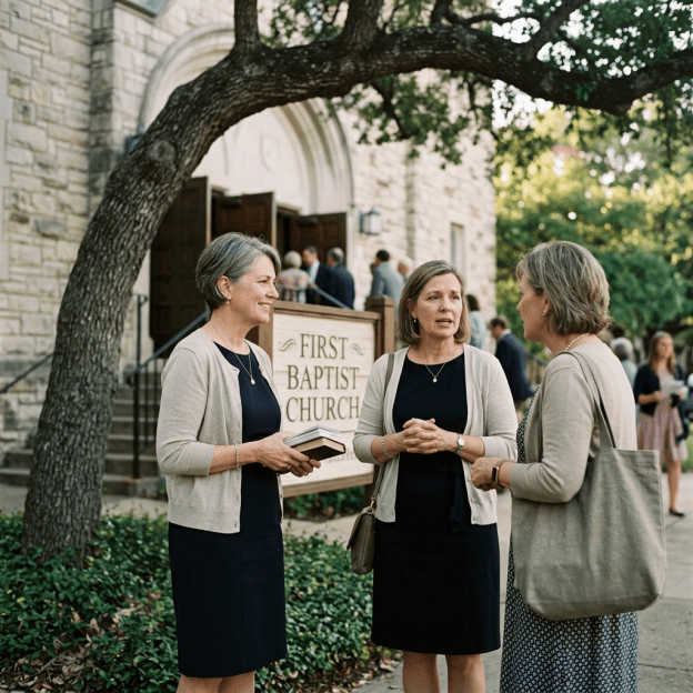 Three women talking outside First Baptist Church beside a church sign