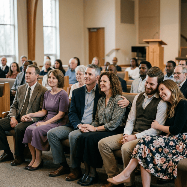 Diverse group of adults smiling together in church pews