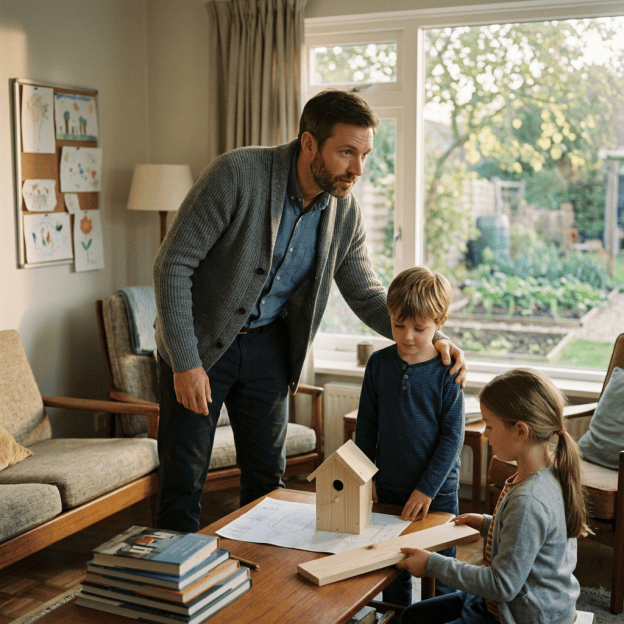 Father and two children building a wooden birdhouse at home