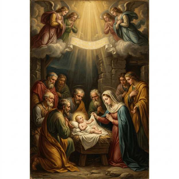 Nativity scene with Jesus, Mary, shepherds, angels, and a banner reading Gloria in excelsis Deo.