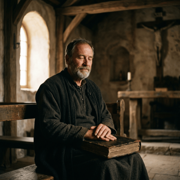Bearded man holding a large Bible inside a rustic chapel