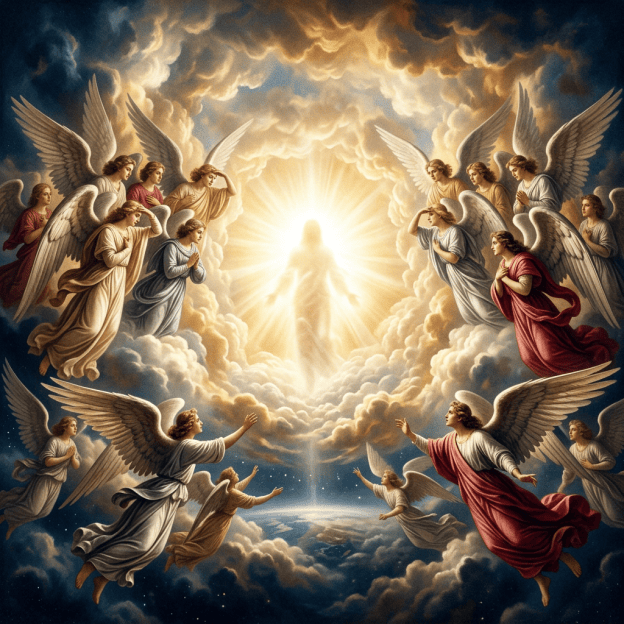 Angels surrounding a radiant figure among clouds and heavenly light