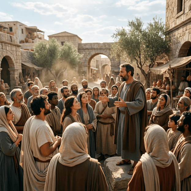 A robed teacher addresses a crowd in an ancient stone marketplace