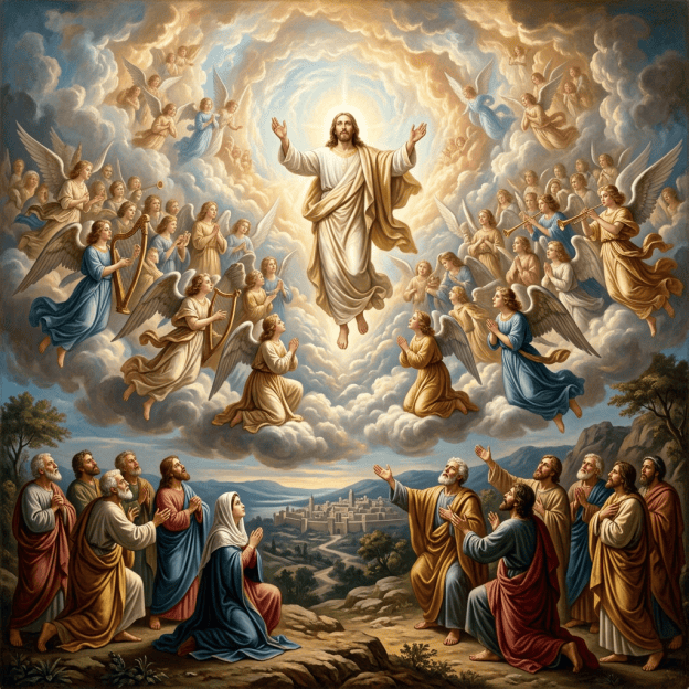 Jesus ascending among angels as disciples look upward below