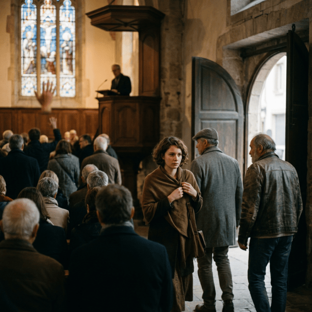People departing a fading church toward darkness