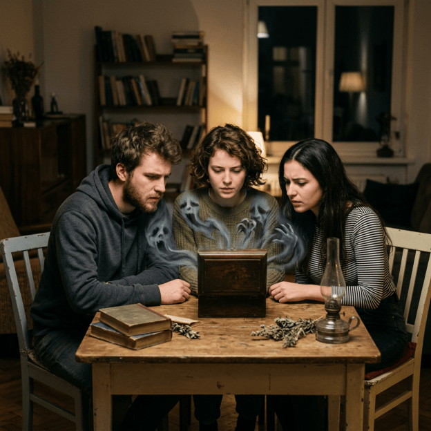 Three friends examining a wooden box with ghostly apparitions around it