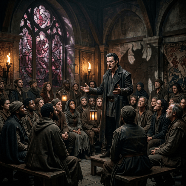 Speaker addressing a seated crowd inside a candlelit medieval hall