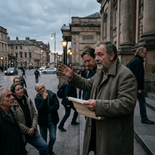 Bearded man holding a scroll and speaking to people on a city street