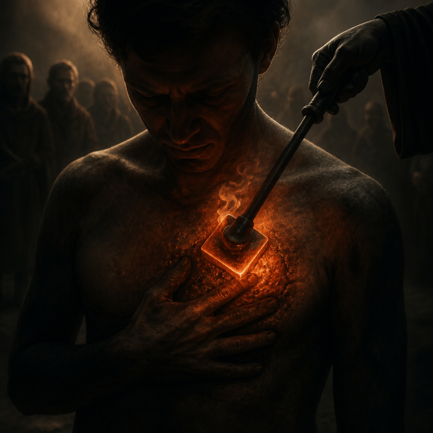 Man receiving a glowing brand on his chest during a dark ritual