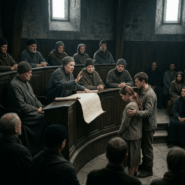 Villagers listen as a woman presents testimony before a wooden court bench.
