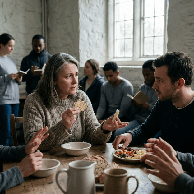 People sharing a meal and conversation around a rustic wooden table