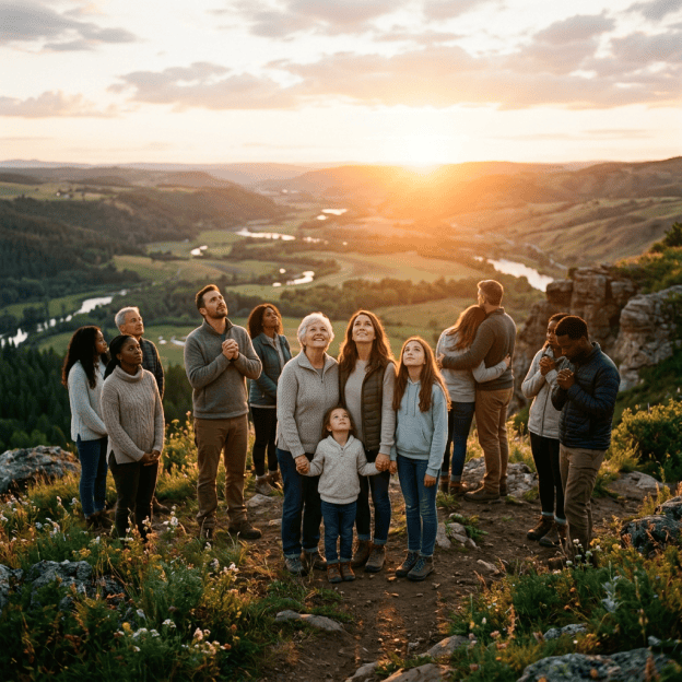 Multigenerational group hiking at a sunset overlook above a winding valley