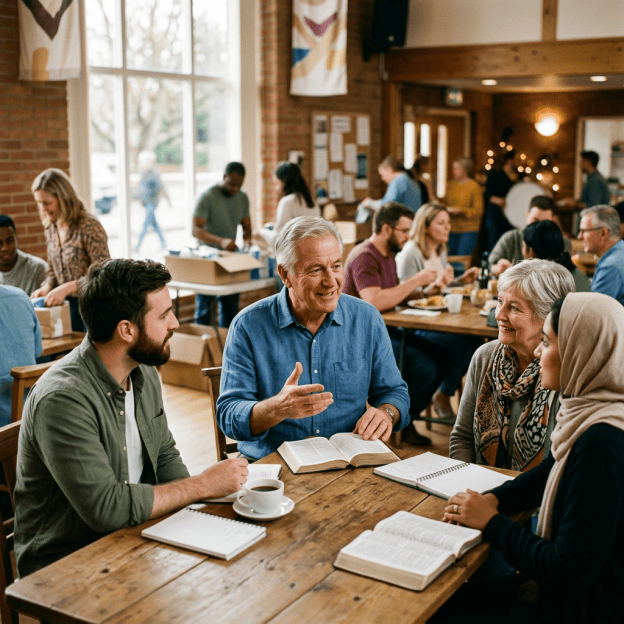 Diverse adults discussing open Bibles around a communal table