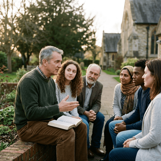 Diverse group listening to a man speaking with an open book