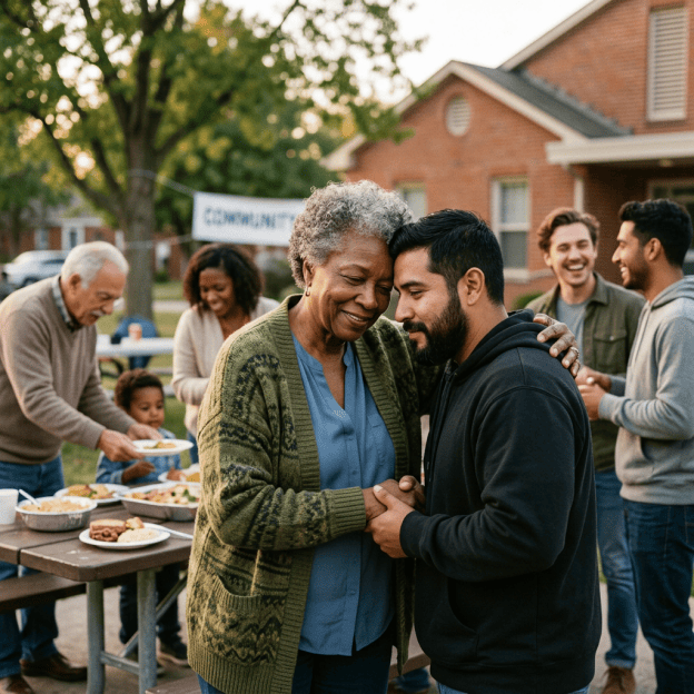 Older woman embraces a younger man at a neighborhood picnic