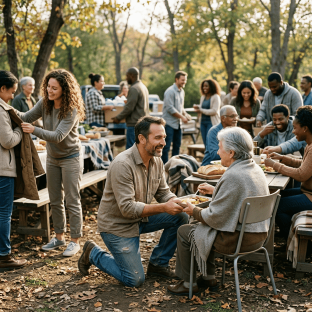 Diverse neighbors sharing food and conversation at an autumn park picnic