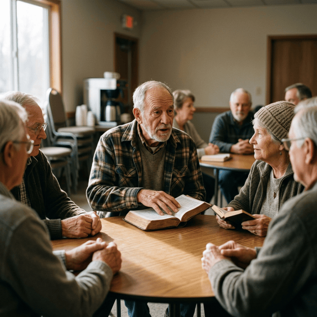 Older adults discussing an open Bible around a table
