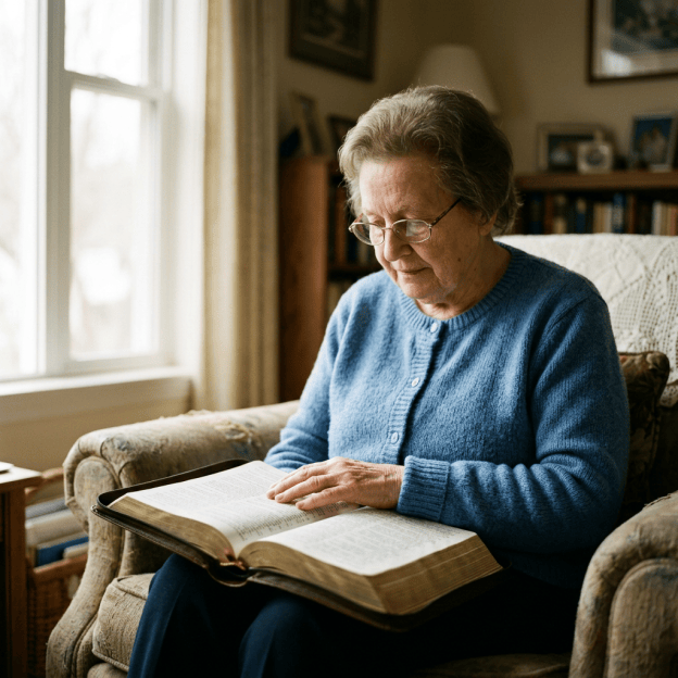 Older woman reading an open Bible in a living room