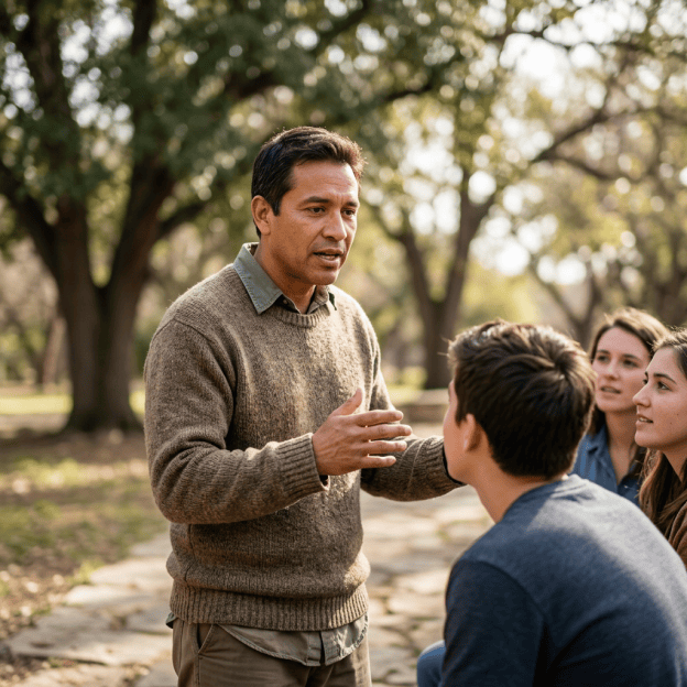 Man speaking with three people in a sunlit park