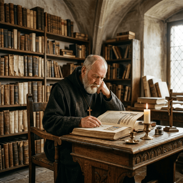 Bearded monk reading an illuminated manuscript at a candlelit library desk