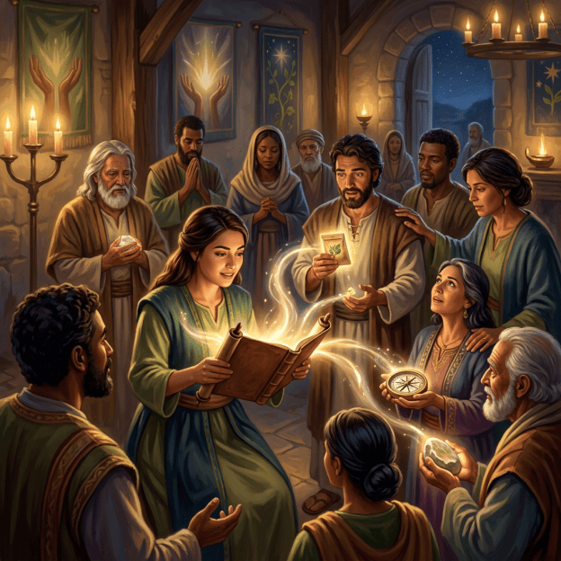 Diverse group gathered around a glowing scroll in a candlelit hall