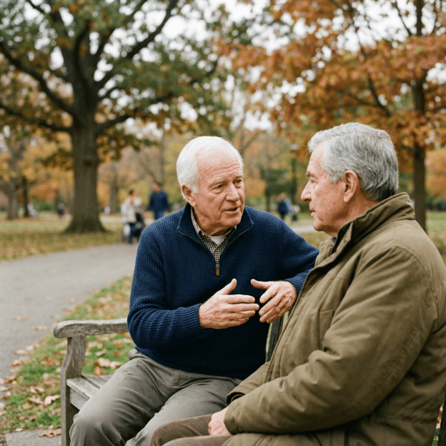 Two older men conversing on a park bench in an autumn park