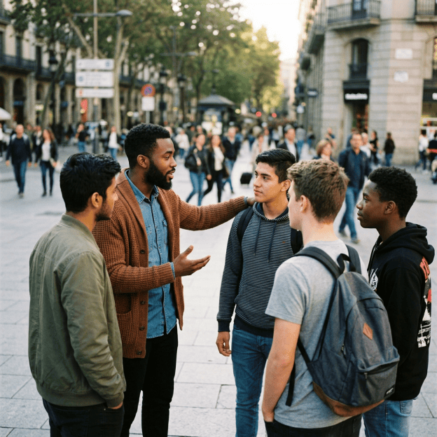 Five young people talking together on a busy city street