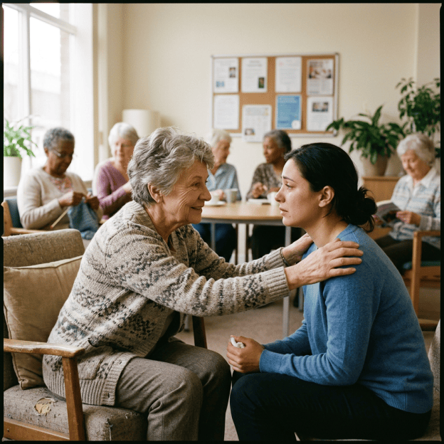 Older woman gently touching a caregiver’s shoulders in a community room